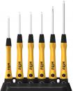 Preview: The image displays a set of six screwdrivers in various sizes. The handles are black with yellow elements and the logo 