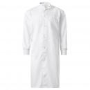 Preview: The image shows a white coat with long sleeves. The coat has a stand-up collar and is closed at the front with buttons. A small chest pocket is present.