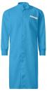 Preview: The image shows a long, light blue coat with long sleeves. It has a buttonable front and a small chest pocket. The fabric appears light and smooth. The collar is high-closed.