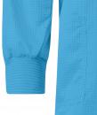 Preview: The image shows a sleeve of a garment in bright sky blue. The fabric has a fine, checkered pattern. At the end of the sleeve, there is an elastic band.