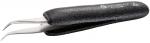 Preview: The image shows a pair of tweezers with two pointed tips. The handle is black and has a rough texture. The tips are metallically shiny and slightly curved.