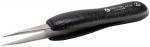 Preview: The image shows a black tweezer with an ergonomic grip structure. The pointed, sharp ends are metallic and slightly separated from each other.