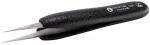 Preview: The image shows a pair of tweezers with a black, non-slip grip and two pointed, narrow metal tines. The tines are slightly curved and ideal for precise tasks.