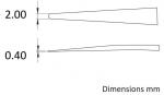 Preview: The image displays two profiles in side view. The top profile has a narrow, tapered shape with a width of 2 mm, while the bottom profile has a flatter contour with a width of 0.4 mm. Dimensions are provided.