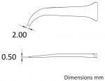 Preview: The image displays technical drawings of an object with two views. The top shows a side view with a curved shape and dimensions of 2.00 mm, and the bottom shows a top view with 0.50 mm.