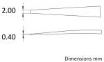 Preview: The image displays two schematic drawings of a shape or an object with specified dimensions: top 2.00 mm and bottom 0.40 mm. The shapes are slender and taper to a point.