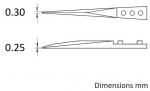 Preview: The image displays technical drawings of two objects. The top features a pointed element with dimensions of 0.30 mm. Below, a flatter element measures 0.25 mm. The label 