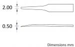 Preview: The image shows two thin, elongated shapes of different widths: the top one is 2.00 mm wide, the bottom one is 0.50 mm wide. Both are sketched in a technical style.