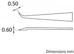 Preview: The image displays technical sketches of two tool tips. The upper one has a sharp, curved shape measuring 0.50 mm, while the lower one is pointed and measures 0.60 mm. Below it reads 