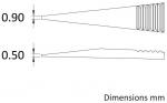 Preview: The image displays two conical shapes with dimensions: The top features a pointed shape measuring 0.90 mm, while the bottom one is similarly shaped but ridged, measuring 0.50 mm. Both are dimensioned in millimeters.