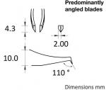 Preview: The image displays a technical drawing of sharp, predominantly angled blades. Dimensions are provided in millimeters: 4.3, 2.0, and 10.0 mm, along with an angle of 110°.