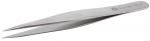 Preview: The image shows a narrow, metallic tweezer with a long, pointed shape. It is shiny and has a slightly curved tip that is used for gripping small objects.