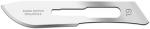 Preview: The image displays a surgical blade, flat and metallic, with a curved edge. The brand name and a number are embossed on the blade.