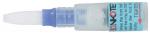 Preview: The image shows a small bottle with a blue cap and a pointed opening. The bottom of the bottle is transparent, the label is light blue with black text.