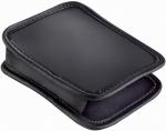 Preview: The image displays a black, rectangular leather case with rounded corners. It is slightly open, allowing the inner, also black area to be visible.