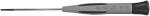 Preview: The image shows a screwdriver. It has a long, narrow steel handle with a gray rubber coating and a black, round end cap for holding. The tip is flat and narrow.