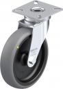 Preview: The image displays a caster wheel with a gray rubber ring and a metallic, right-angled bracket. It features a central fixture for stable mounting.