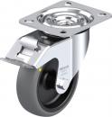 Preview: The image displays a single caster wheel component made from metal and plastic. The wheel features a black rubber coating and a shiny, square metal plate with a central axle.