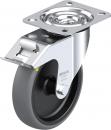 Preview: The image shows a metal roller bearing with a large, gray plastic roller. It has a square bracket with a central hole and a safety spring. Sturdy and practical.