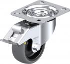 Preview: The image shows a stylish metal roller bearing with a round, gray rubber wheel surface. Above, there is a rectangular plate for mounting, with a swivel wheel below.