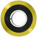 Preview: The image shows a round object with a shiny, metallic silver inner rim and a large, black area in the center. The outer rim is bright yellow.