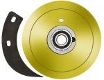 Preview: The image shows a round, golden disc with several concentric lines and a central opening. Next to the disc lies a black, curved part.