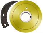 Preview: The image displays a brake-like disc in yellow with a central hole and a black, curved component next to it. The disc has a smooth surface.