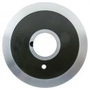 Preview: The image shows a round metal plate with a black inner circle and silver edges. In the center, there is a large hole and next to it a small hole. The surface is smooth.