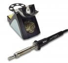 Preview: The image displays a soldering iron with a long handle and a metallic tip. Next to it is a soldering station with a sponge pad and wire for cleaning the tip.