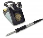 Preview: The image shows a soldering iron with a cable and a soldering iron stand. The stand is black with gray and metallic elements and includes a fine, metallic cleaning spiral.