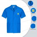 Preview: The image shows a blue, short-sleeved shirt with a yellow logo on the left chest side. It features practical pockets and is designed for work purposes.