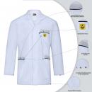 Preview: The image displays a white lab coat featuring various details: a chest pocket, a warning symbol, special fabrics, and notes on functionality.