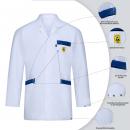 Preview: The image shows a white lab coat with blue details. It has a full-length button placket, two chest pockets, and an electrical safety warning sign.