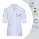 Preview: The image displays a white, short-sleeved shirt with a yellow logo on the chest pocket. Lines highlight special features such as ease of care and breathable materials.