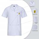 Preview: The image shows a short-sleeved white shirt. It features a classic collar and a sewn-on yellow label. Around the shirt, various details about the material composition are displayed.