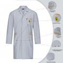 Preview: The image displays a gray lab coat with various pockets and special features. It has a collar and is knee-length. There is an electrical safety symbol on one of the sleeves.