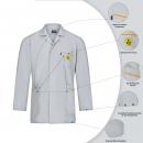 Preview: The image shows a white lab coat. It features a lapel collar, a chest pocket with a safety symbol, and numerous markings that highlight various properties and functions of the coat.