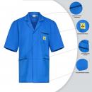 Preview: The image shows a short, blue shirt with a lapel collar. It features a chest pocket and a yellow logo. The background is light, with detailed views on the sides.