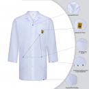 Preview: The image shows a white lab coat with long sleeves. It has a collar, front buttons, and a yellow safety symbol on the left side. There are notes on the special features of the coat.