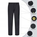 Preview: Das Bild zeigt eine schwarze Hose mit verschiedenen Details. Es gibt Taschen und Hinweise auf wasserdichte sowie atmungsaktive Eigenschaften. Die Hose ist für Outdoor-Aktivitäten geeignet.