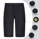 Preview: Das Bild zeigt eine schwarze Shorts. Umriss und Details sind hervorgehoben. Es gibt mehrere zusätzliche Taschen und Symbole, die spezielle Eigenschaften und Funktionen der Shorts erklären.