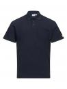 Preview: The image shows a simpler, dark blue polo shirt. It has a collar, a short button placket, and a chest pocket on the left side. A small logo is attached to the right sleeve.