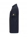 Preview: The image displays a dark blue polo shirt in profile. It features a classic collar and a short sleeve. On the sleeve, there is a small, yellow logo. The fabric appears smooth and subtle.