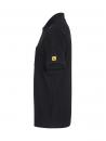 Preview: The image shows a black polo shirt from a side view. It has short sleeves and a small yellow logo on the left sleeve. The fabric appears smooth and formal.