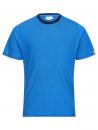 Preview: The image shows a short-sleeved, bright blue T-shirt with fine horizontal stripes. The collar is black and simple. It looks modern and sporty.