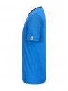 Preview: The image shows a blue T-shirt from the side. It has short sleeves and a straight design. There is a small yellow logo on the left sleeve. The fabric has a slight texture.
