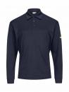 Preview: Das Bild zeigt ein dunkelblaues Poloshirt mit langen Ärmeln. Es hat einen klassischen Kragen und feine, vertikale Streifen. Am Ärmel befindet sich ein gelbes Detail.