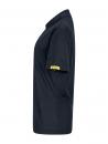 Preview: The image shows a black polo shirt in profile. It has a classic collar and short sleeves. There is a yellow label on one sleeve. The fabric appears slightly textured.