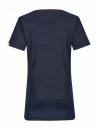 Preview: The image shows a dark blue, striped T-shirt with a wide neckline and short sleeves. On the left side, a small yellow emblem is visible.