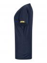 Preview: The image shows a blue T-shirt in a side view. It has short sleeves and is made of striped fabric. There is a small, yellow logo on the sleeve.